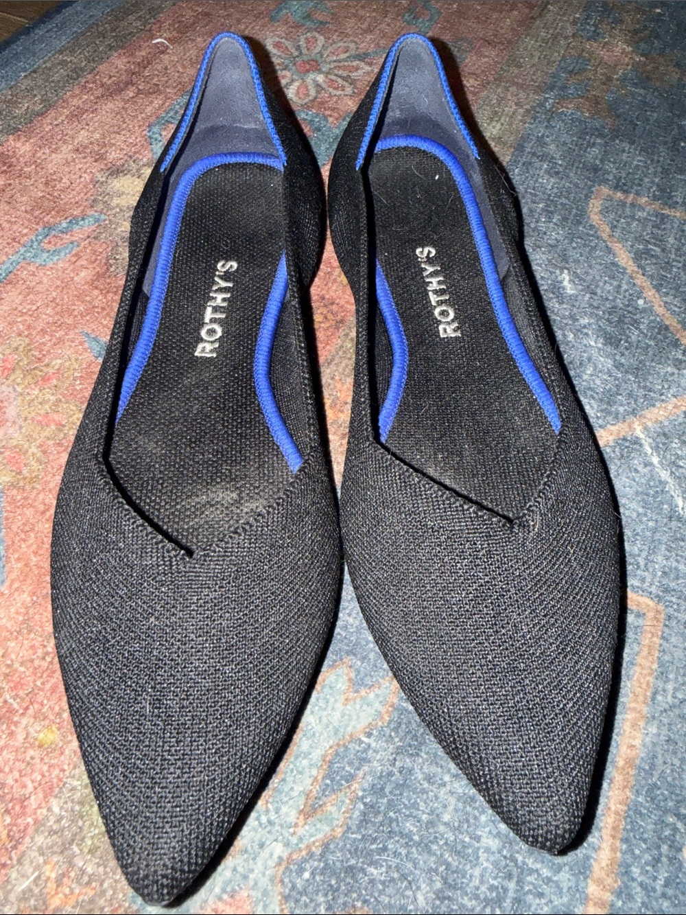 Rothy's Black Pointed Slip-On Flats with Blue Trim